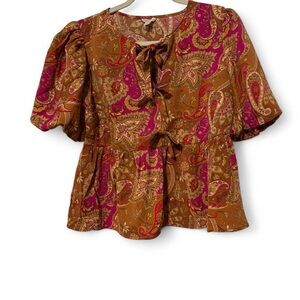 Boho paisley peplum top with puff sleeves and bows women’s med